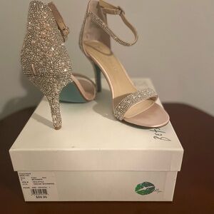 Betsey Johnson Pearl and Iridescent Crystal One-Band Mid Heels
